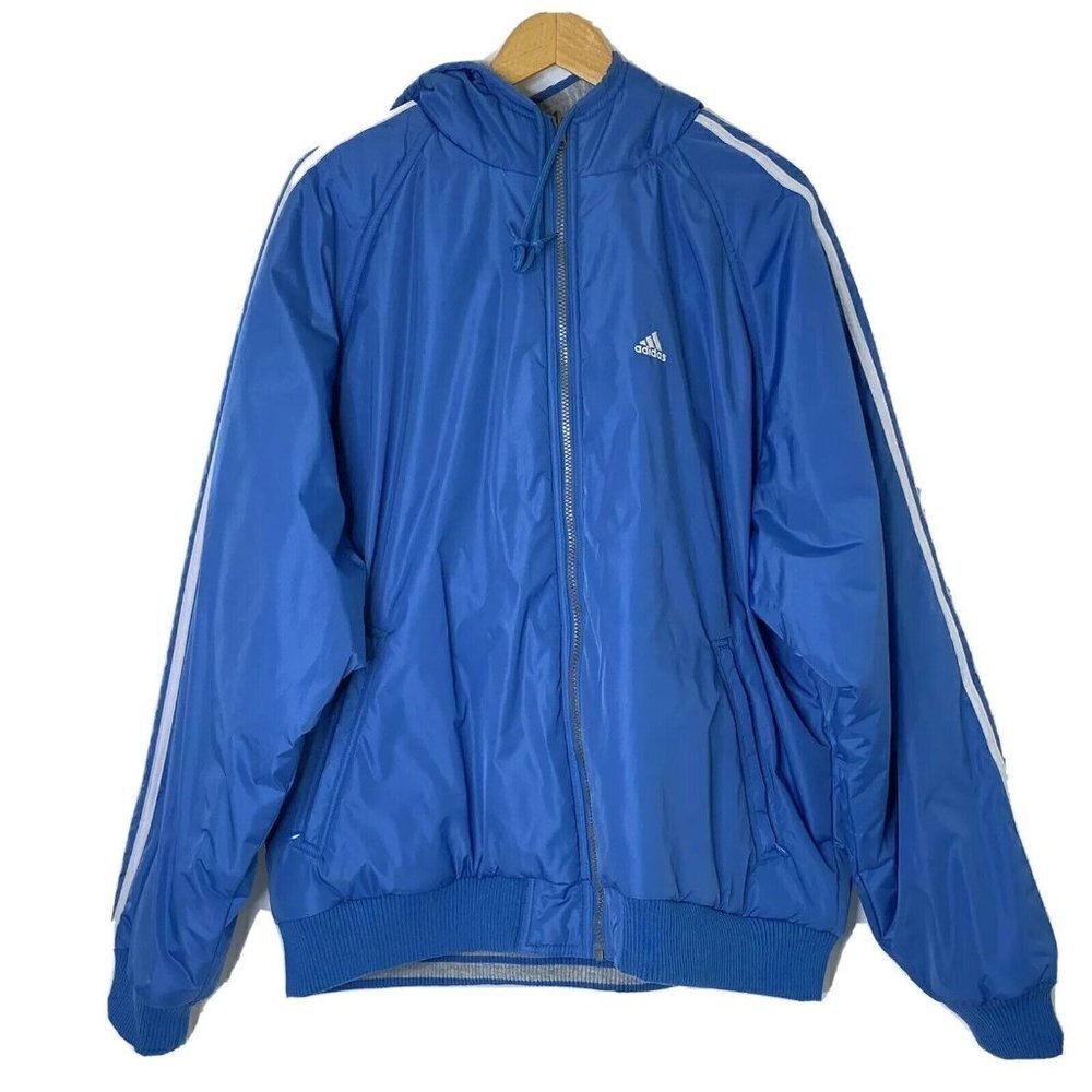 Adidas Men's size XL Reversible Puffer Jacket Coat Hooded Blue Nylon Gray Fleece